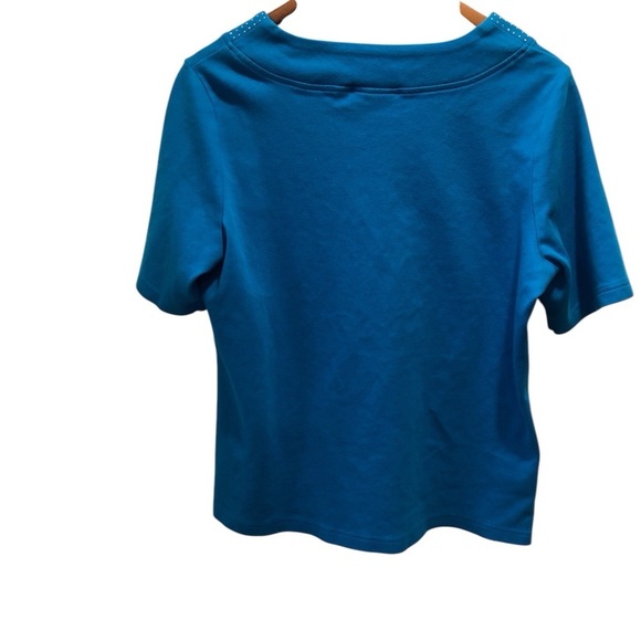 Quacker factory Large Blue V-Neck Blouse S/S Embellished. - Picture 2 of 5